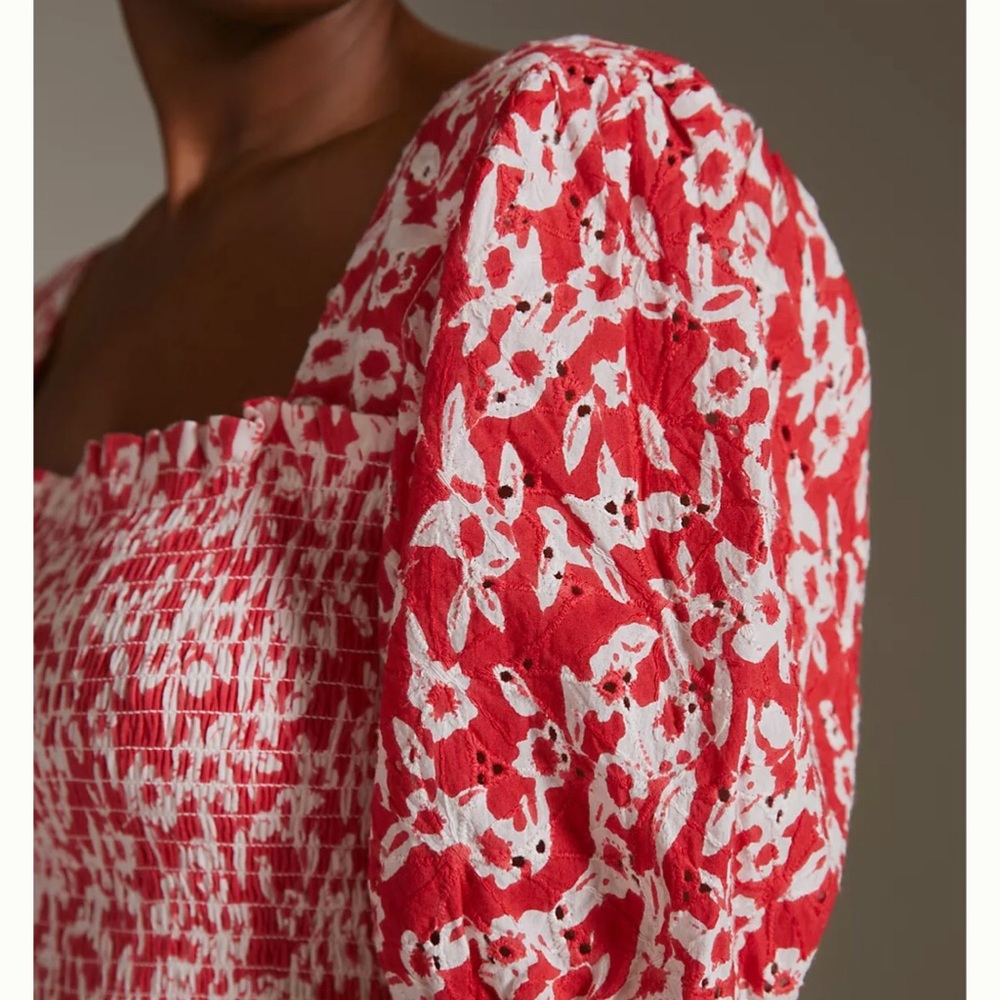 Anthropologie Red White Floral Smocked Eyelet Puffy Sleeves Medium M - Picture 4 of 4